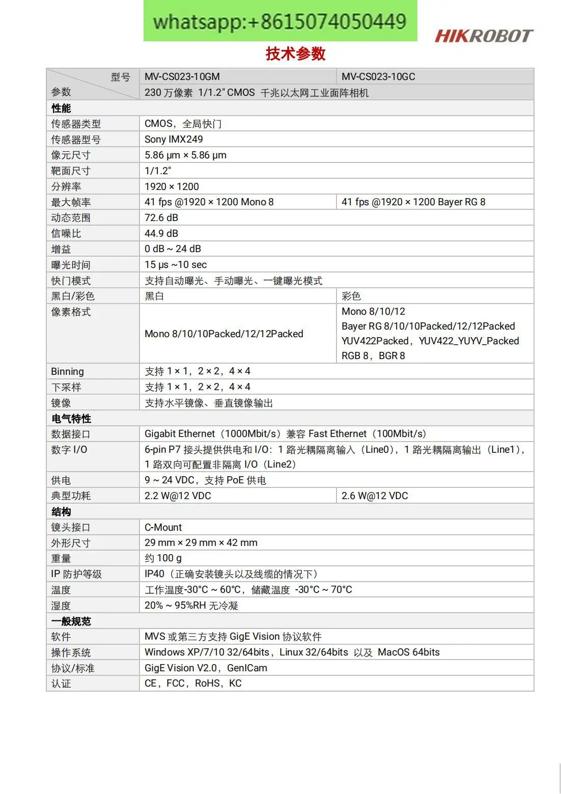 MV-CS023-10GM/GC 2.3 million 1/1.2 