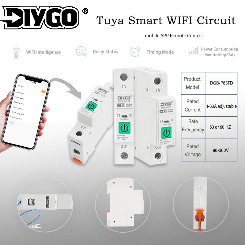 

TUYA WIFI Smart Circuit Breaker Remote Control Overload Over Under Voltage Protection 1P+N Power Metering Monitoring Timer