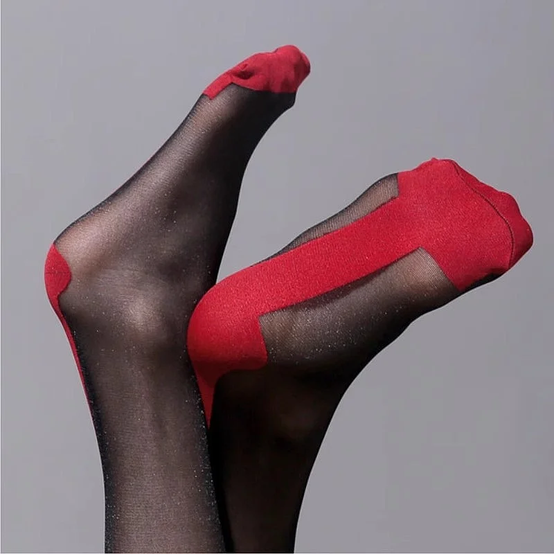 Black/Red Back Seam Sheer Tights For Women High Waist Cuban Heel Crotchless Panthyhose With Toe Reinforcement Women Hosiery