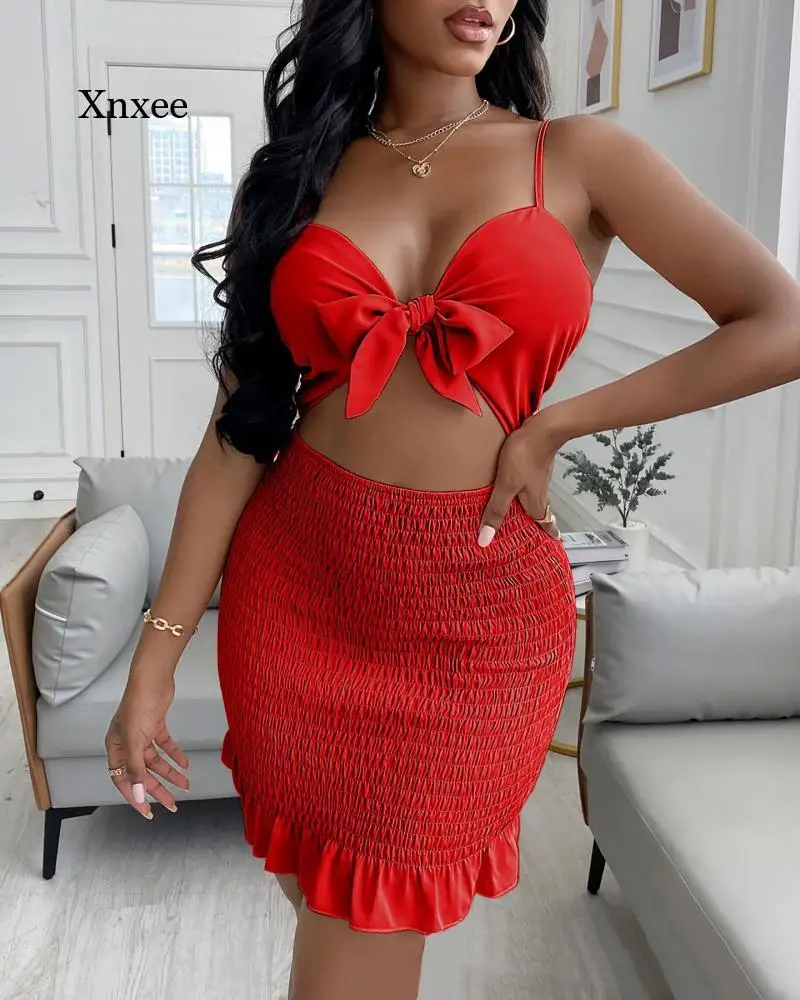 

Summer Ladies 2-Piece Suit Pencil Skirt Dress Suit Hollow Dress Suit Pink Club Suit Sexy Mini Skirt Suspender Top