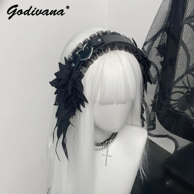 

Original Design Y2K Girls Headband Angel Wings Black and White Hairband Gothic Dark Lolita Headdress Subculture Women