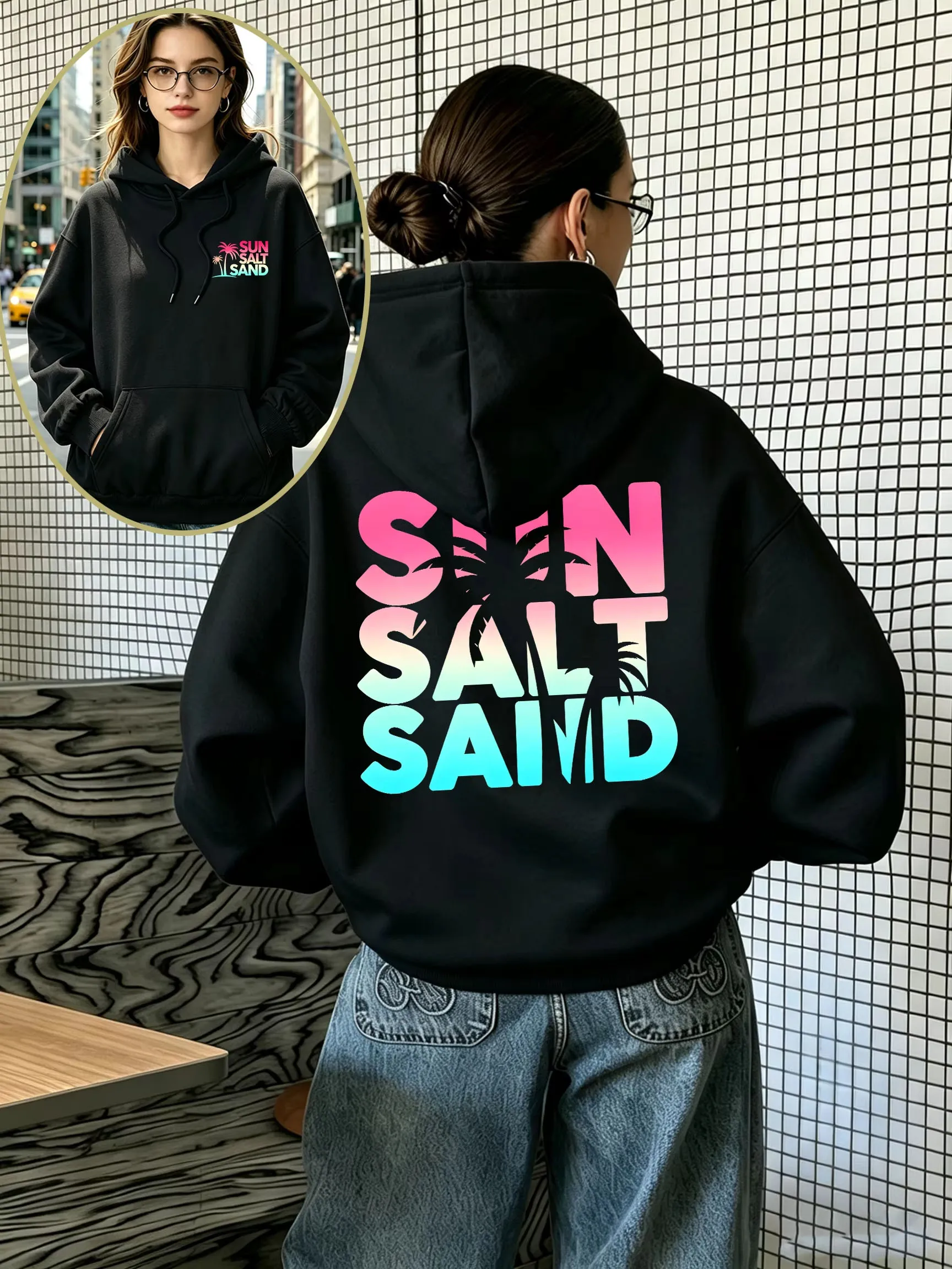 Vintage Women Oversized Hoodie Sun Salt Sand Gradient Letter Palm Tree Print Pullover Long Sleeve Hooded Sweatshirt Streetwear