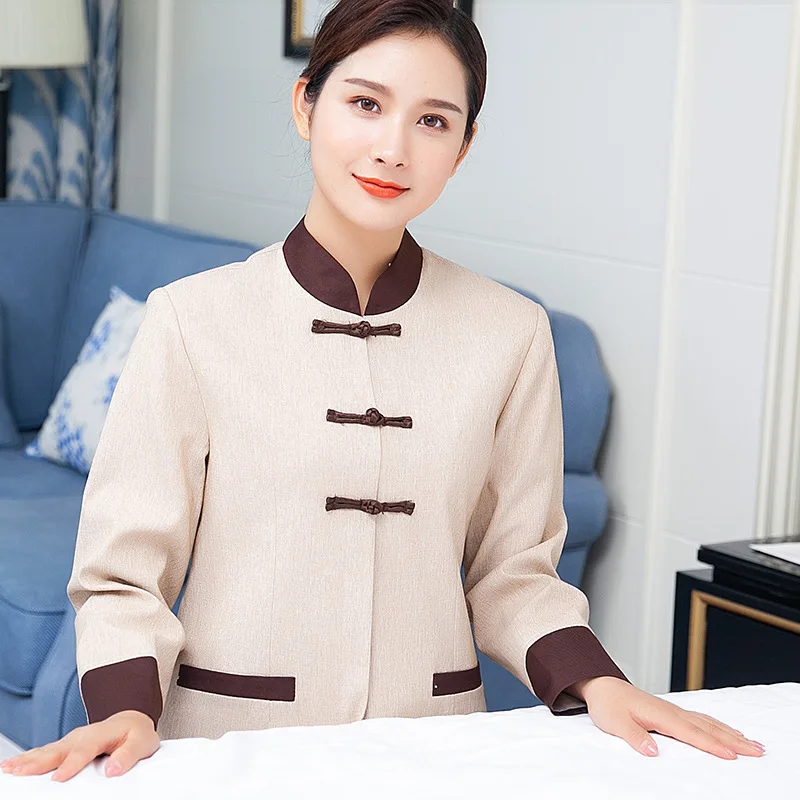 زي عمل التنظيف للنساء، منظف غرفة الفندق، العمة، بيت الضيافة، نادل قابل للتنفس، أكمام طويلة للخريف والشتاء