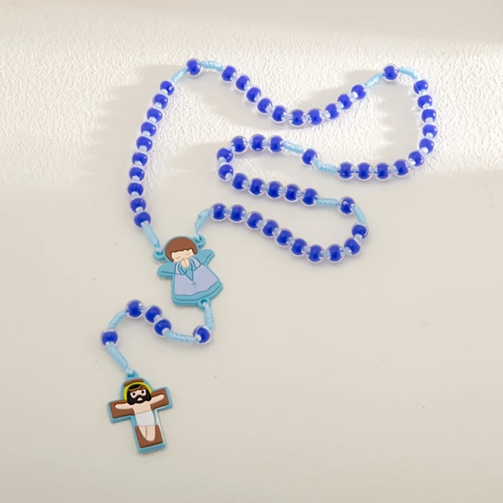 2-6 piezas de rosario de cuentas acrílicas hechas a mano con colgante de cruz de ángel de dibujos animados, regalo religioso para bautizo o primera comunión.
