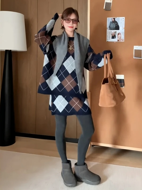 plus Size Women's Korean Style Fashion Knitted Sweater Set Autumn Winter Warm Retro Diamond Pattern Two Piece Ensemble