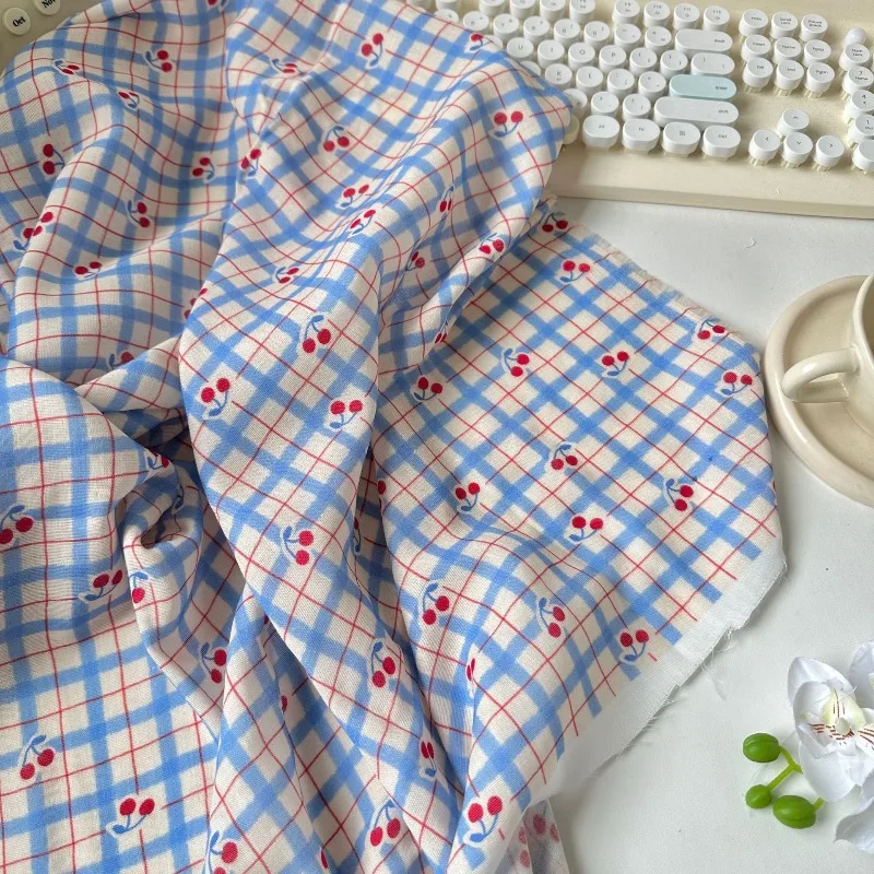 140x50cm Blue Plaid Red Fruit Cotton Checkered Printed Fabric, Luggage, Children's Clothing, Dresses, Pajamas, Shirts