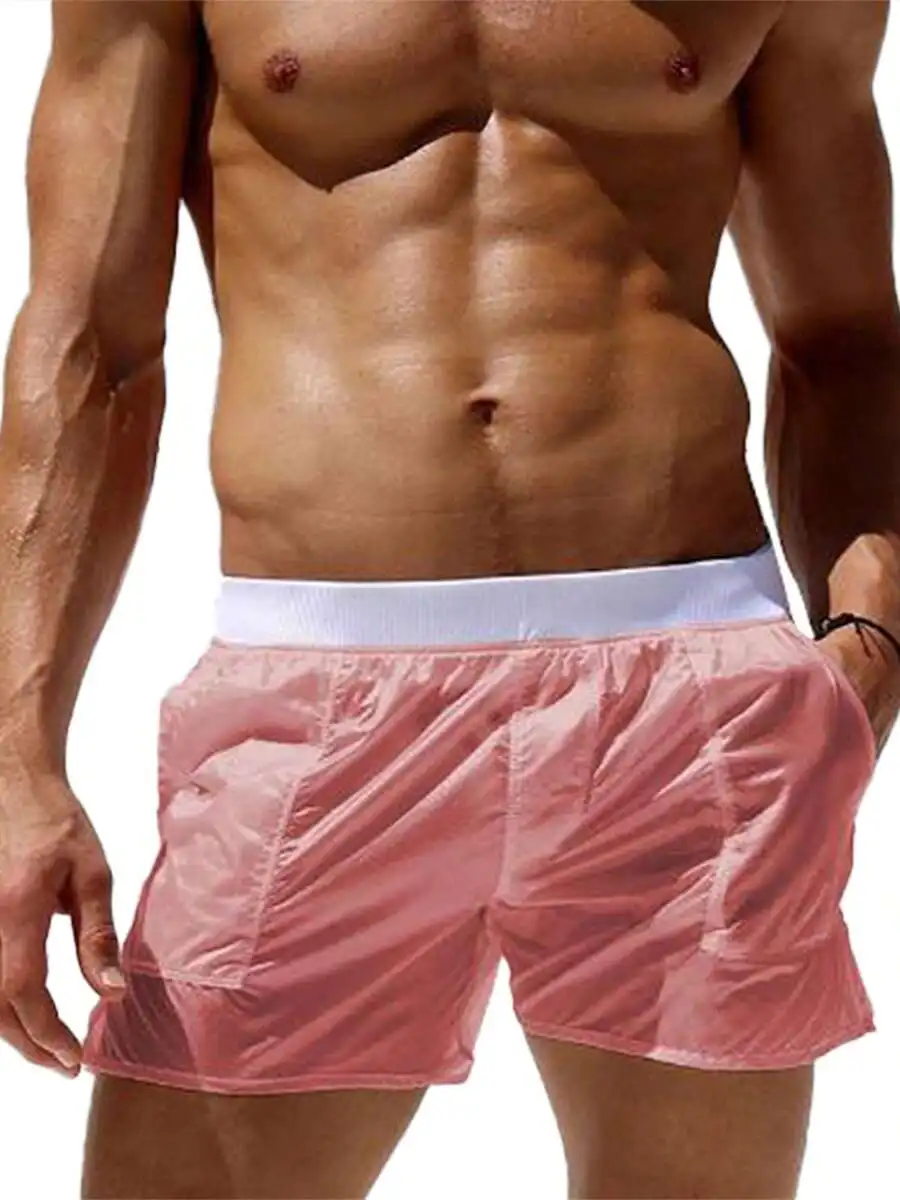 

Men Elastic Waist See-Through Swim Trunks With Pockets Summer Beach Shorts
