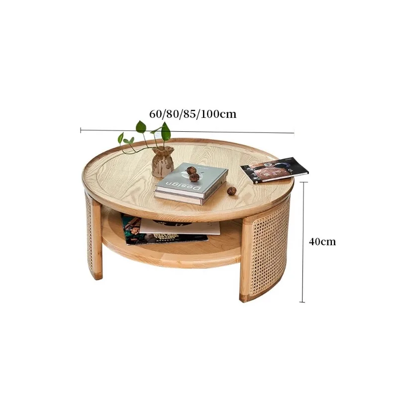 

Solid wood Japanese rattan coffee table low table round living room Nordic style household simple small apartment small round