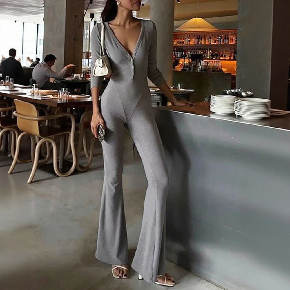 

Повседневный облегающий комбинезон с круглым вырезом, декоративные элементы, абсорный стиль, классические длинные брюки, женская модная тенденция