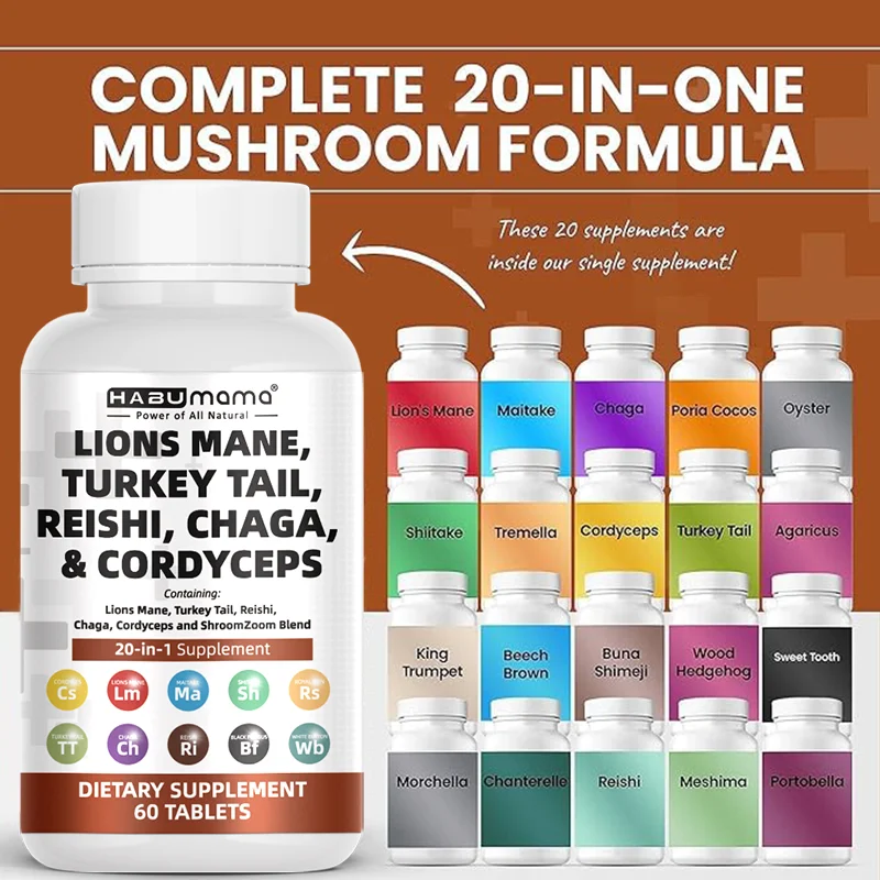 Lions Mane 3000mg 20in1 Mushroom Men Supplement with Turkey Tail 2000mg Reishi 1000mg Cordyceps Chaga 1000mg Maitake Meshima