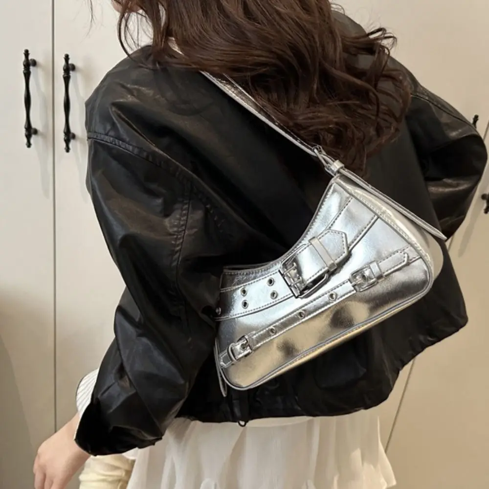 

Fashion Elegant Belt Buckle Shoulder Bag Pu Leather Korean Style Y2k Underarm Bag Rivet Harajuku Spicy Girls Handbag Party