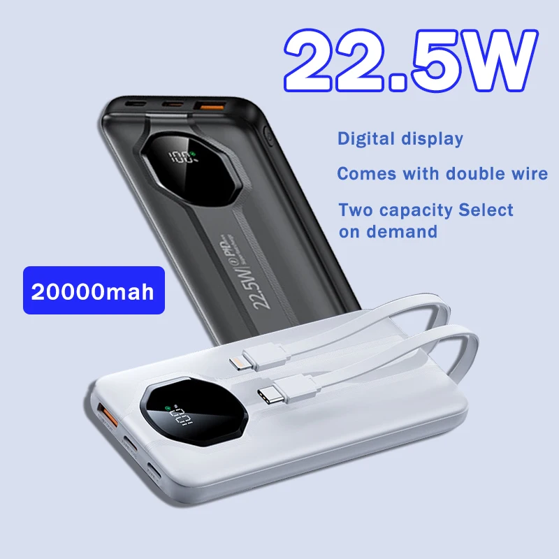 

Портативное зарядное устройство, внешний аккумулятор большой емкости 20000 мАч, поставляется с 2 кабелями, запасная батарея для быстрой зарядки 120 Вт для IPhone Xiaomi Samsung