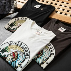 Summer New American Retro Short-sleeved O-neck Indian Printed T-shirt Men's Fashion Simple 100% Cotton Washed Casual Sport Tops