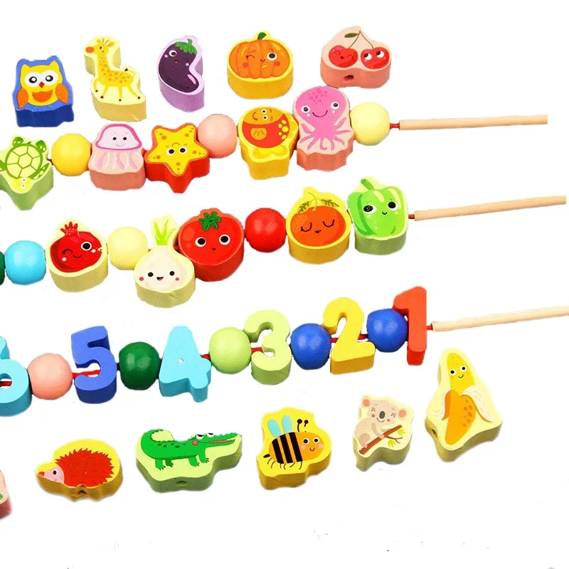 Monterssori Baby DIY Wooden Toys Cartoon Fruit Animal Stringing Threading Wooden Beads Educational Toys for Kids Christmas Gift