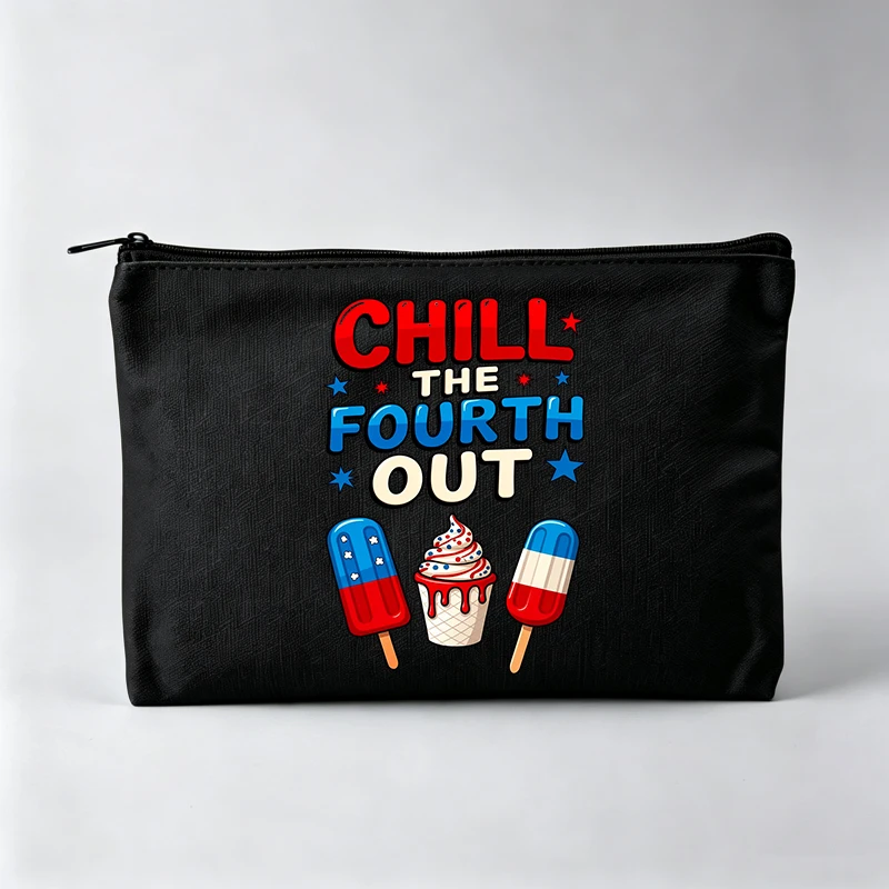 Women's Patriotic Graphic Makeup Bag with Ice Cream Design, Zipper Cosmetic Pouch for Casual Use