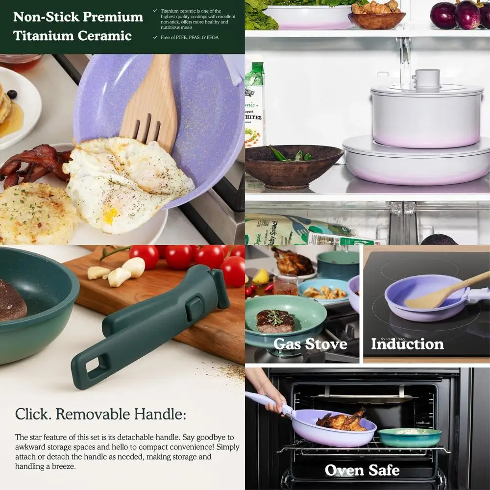 

8-Piece Titanium Non-Toxic Nonstick Cookware Set with Removable Handle, Magnetic Lid, Oven and Dishwasher Safe, Eco-Friendly (Gr