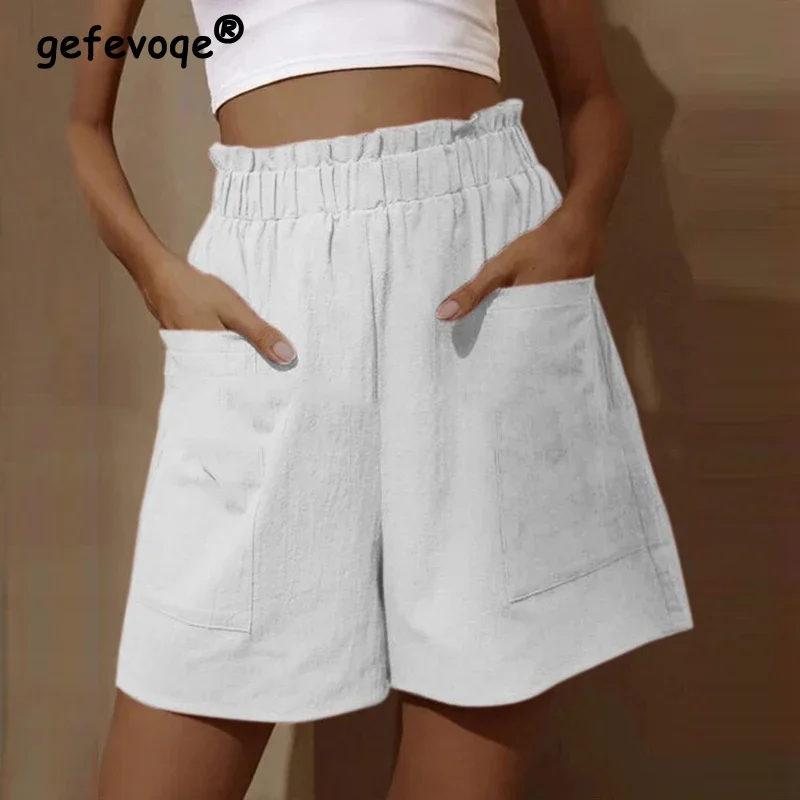 

Women Summer Solid Pockets Cotton Linen Wide Leg Short Pants Female Casual Loose Streetwear High Waist Shorts Pantalones Cortos