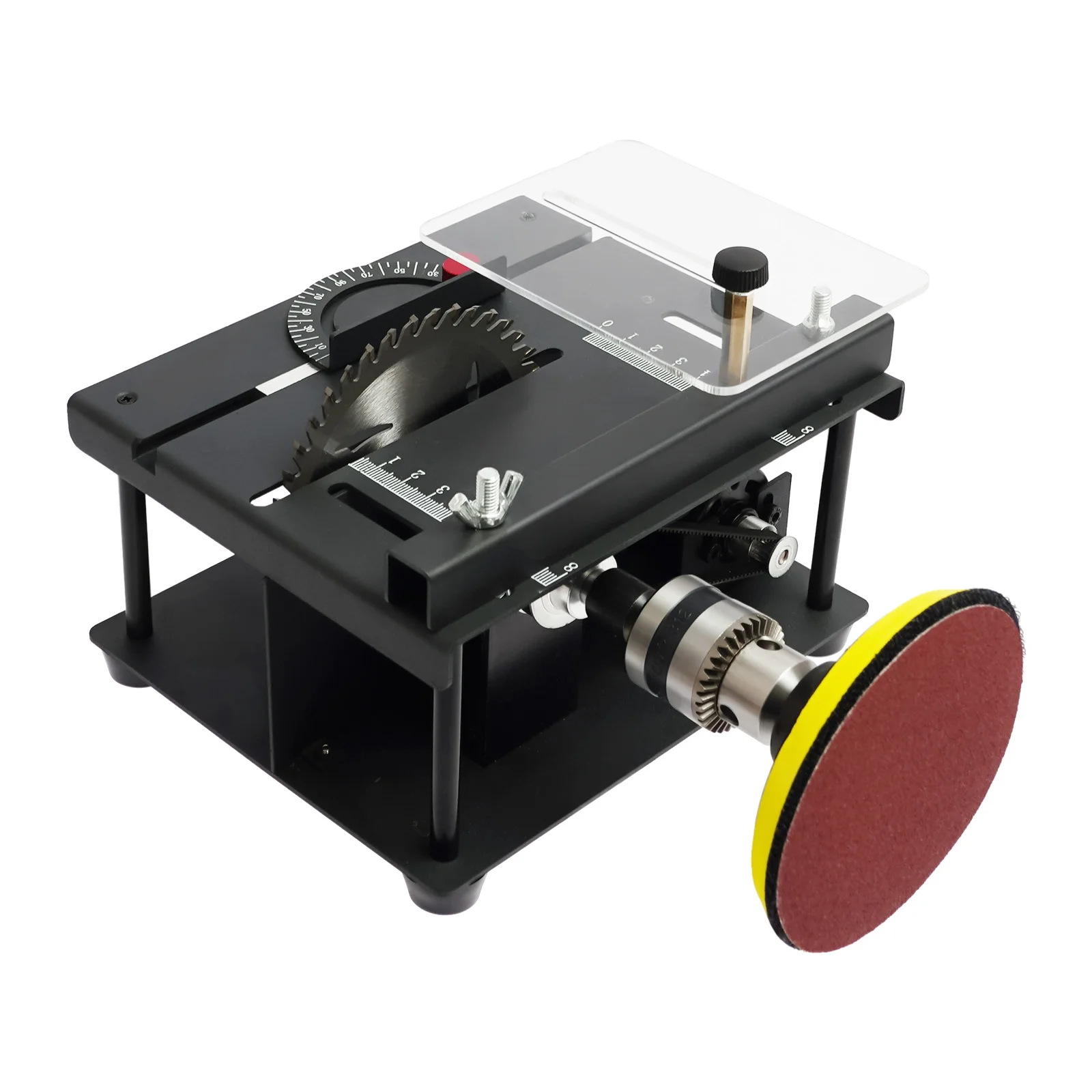 Mini Table Saw, 16cm x 19cm x 10cm 110-240V US Plug 200W 0-90° Adjustable Cut Angle Overload Protection Acrylic Splash Guard Multi-function Desktop Cutting Polishing Power Tool
