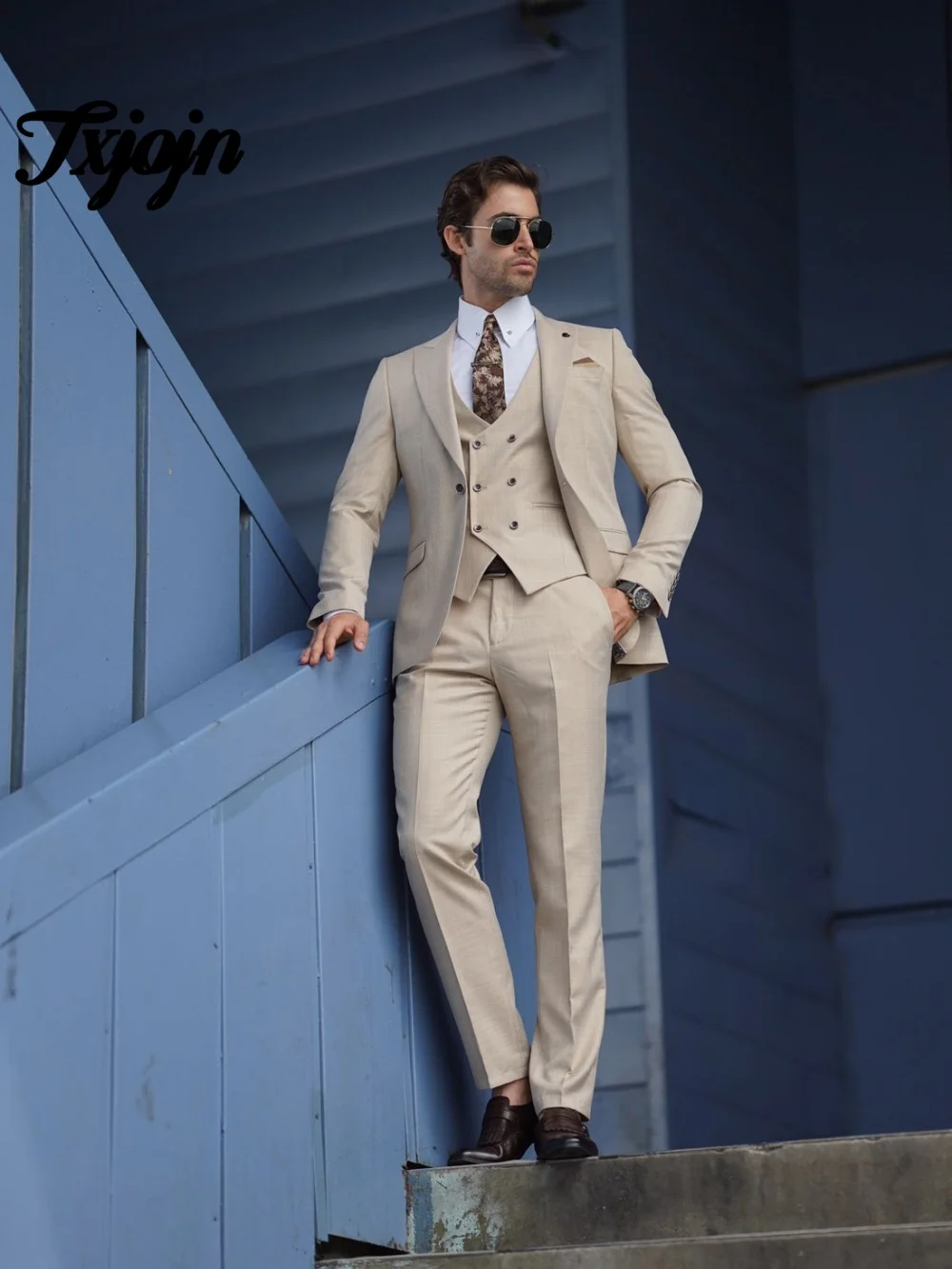 رائعة الشق التلبيب الرجال البدلة مجموعة 3 قطعة أنيق الشمبانيا الرجال البدلات الرسمية دعوى مكتب كلاسيكي دعوى الرجال لبدلة العريس حسب الطلب #4