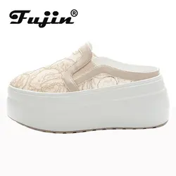 Fujin 8cm Air Mesh Lace vera pelle comode pantofole con zeppa piattaforma scarpe Casual con zeppa estiva traspirante di alta marca