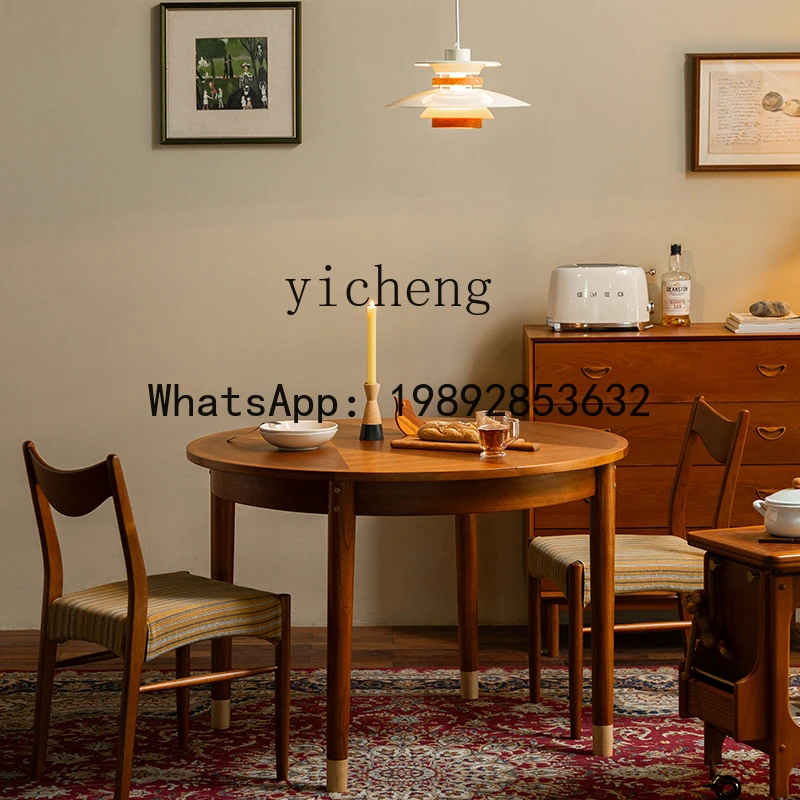 solid wood retractable dining table small household dining table teak round table