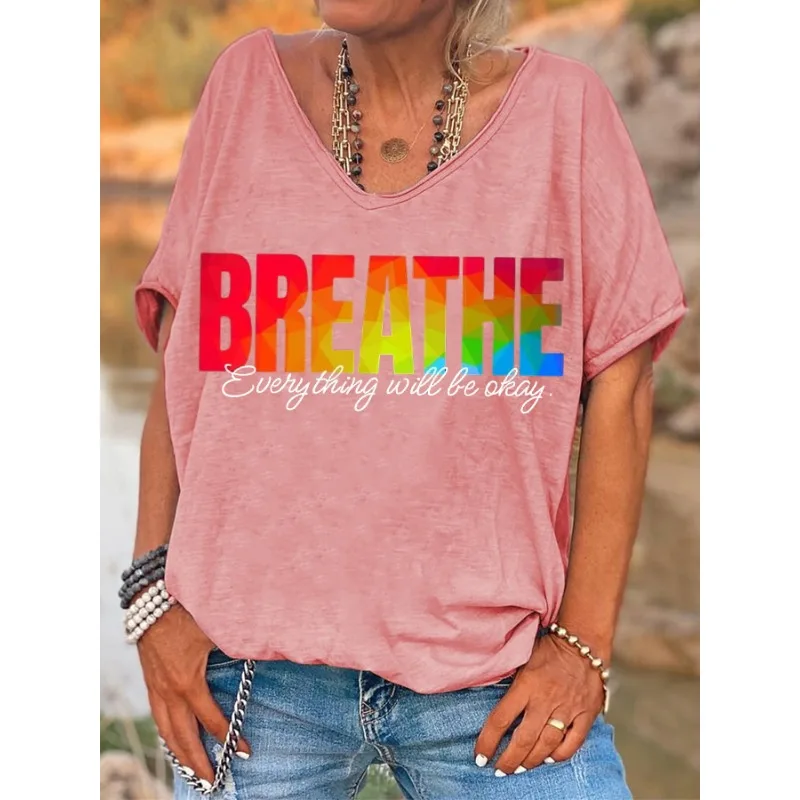 ilstile Women's Breathe Letter Print T-Shirts Summer Short Sleeve Casual Loose V Neck Tops Tees Black Blue NEW