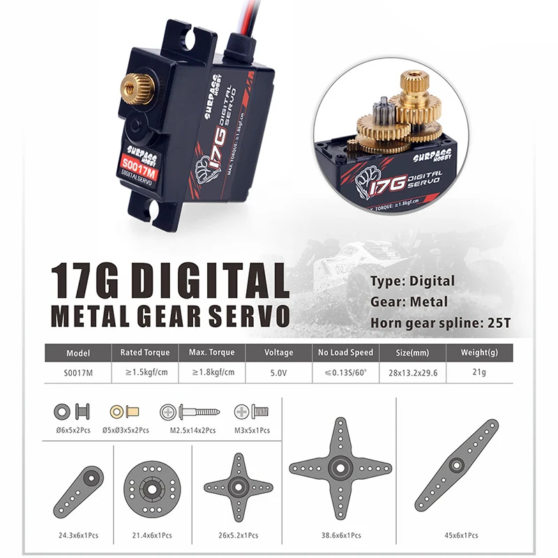 SURPASS HOBBY-Servo Digital S0017M, engranaje de Metal de 17G, 1,8 KG, para avión teledirigido, Robot 1/18, camión, coche, barco, conducto, avión