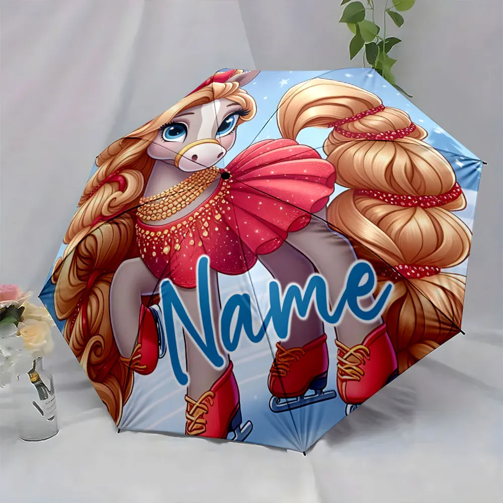 Custom Name Stylish Horse Design Umbrella for Kids Print 8 Iron Ribs Folding Umbrella Auto-Open Fashion Sunshade