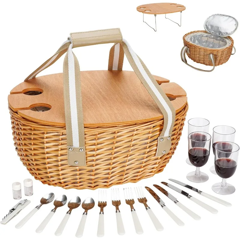

Picnic Basket for 4, Insulated Wicker Hamper with Folding Table, Willow Picnic Baskets Set with Large Insulated Cooler Bag