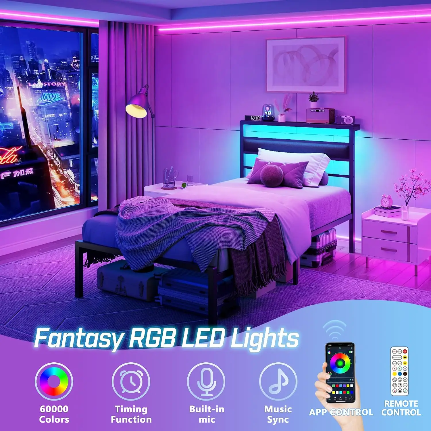 Twin Bed Frames for Kids, Metal Platform Bed Frame Twin Size with Charging Station and LED Lights, Upholstered, Custom view 3