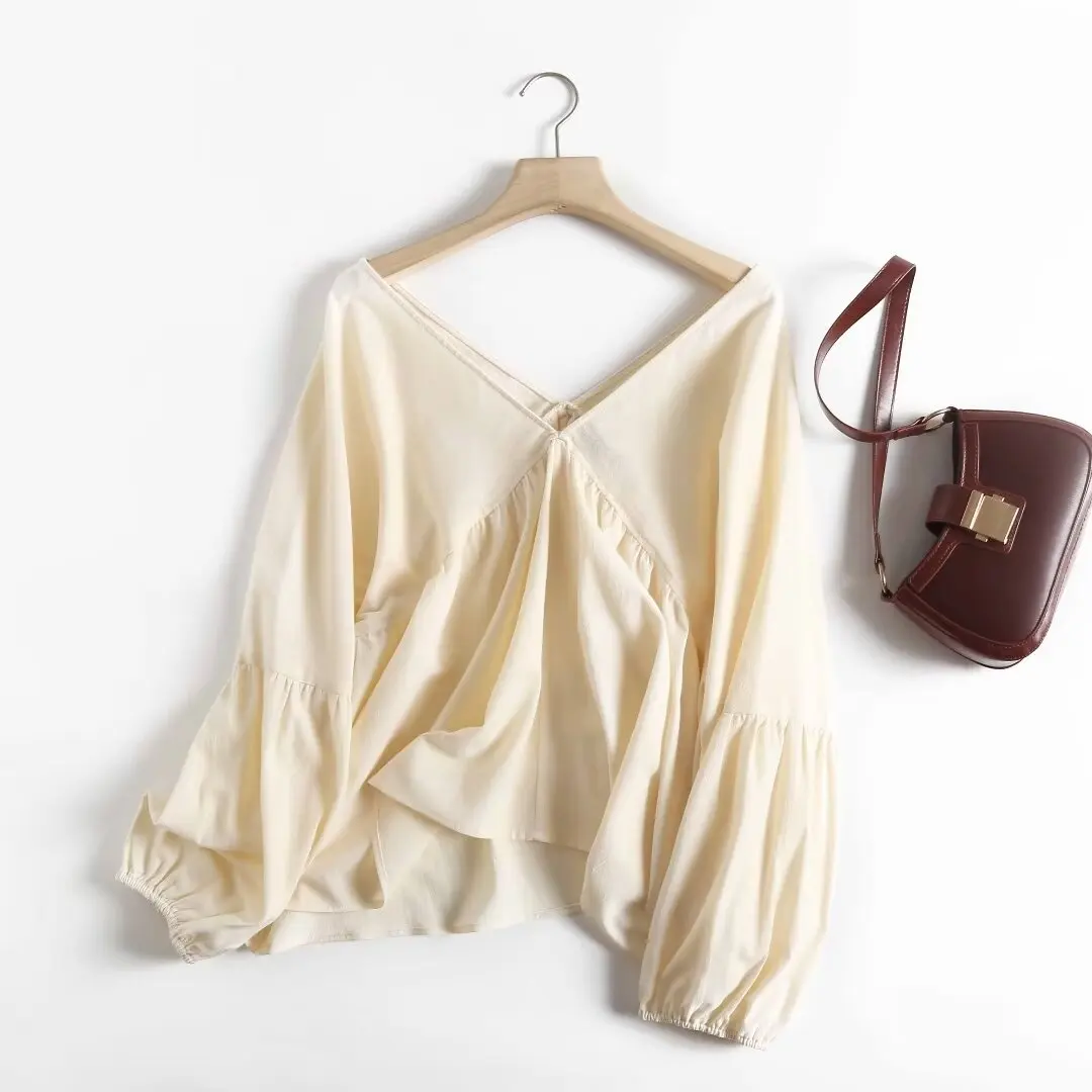 

Women 2023 New Fashion Summer Loose V-Neck Long-Sleeved Shirt Vintage All-Match Casual Chic Female Tee Shirt Tops Mujer