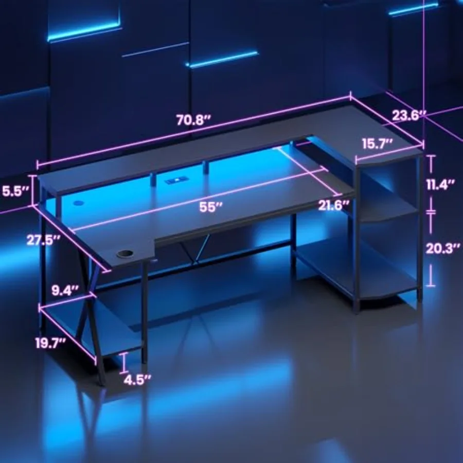 Gaming Desk 70.8'' for home office use, engineered wood in black, RGB LED lights with remote control, built-in storage shelves