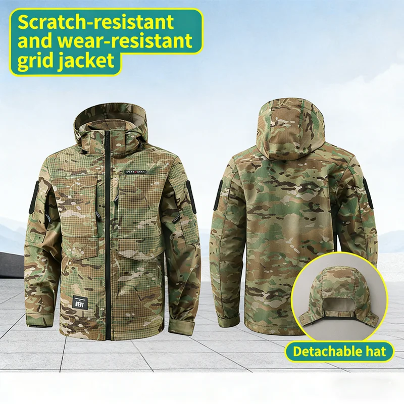 Spring Autumn Men Hiking Cargo Jackets Outdoor Men Camo Tactical Windbreaker Hooded Coats Men Camping Waterproof Zipper Jackets
