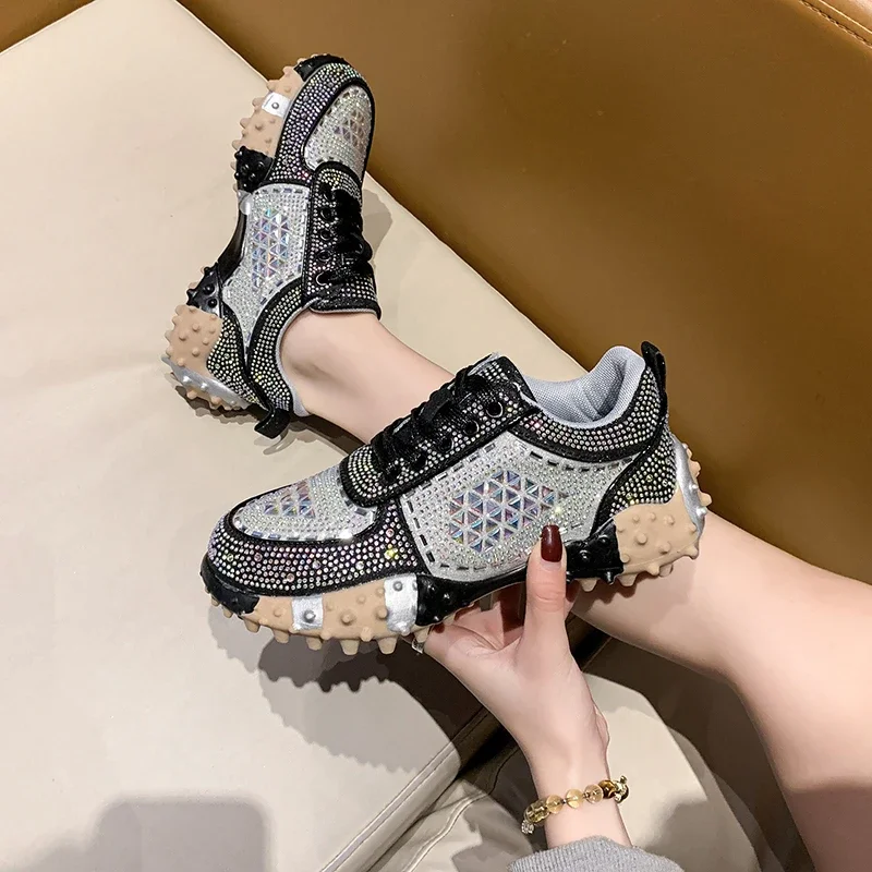 

Женские роскошные кроссовки на платформе Crystal Water Diamond, дизайнерская женская нескользящая повседневная спортивная обувь, обувь для скейтбординга на шнуровке