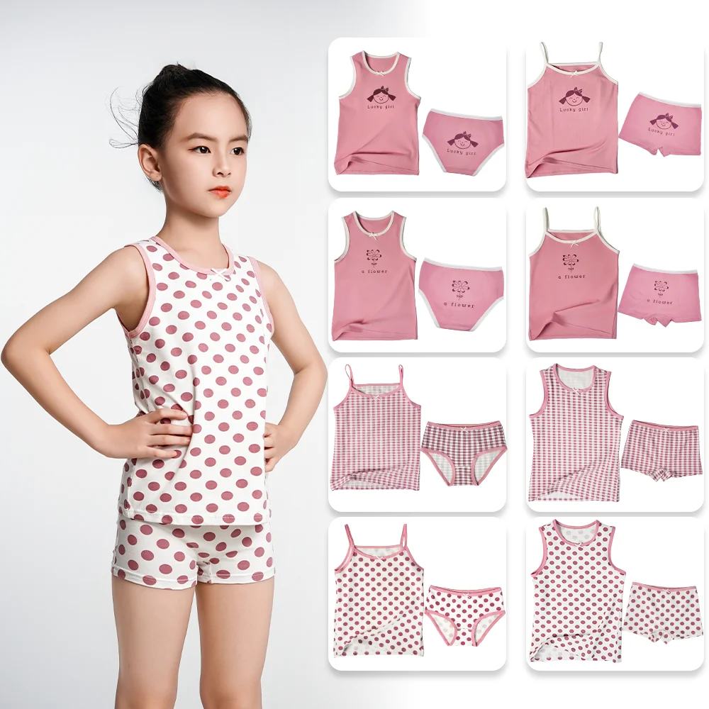 4 pezzi Set Bambini Ragazze Canotta Intimo Rosa Carino Boxer Slip T-shirt senza maniche in cotone Mutandine per bambini per ragazze di età compresa