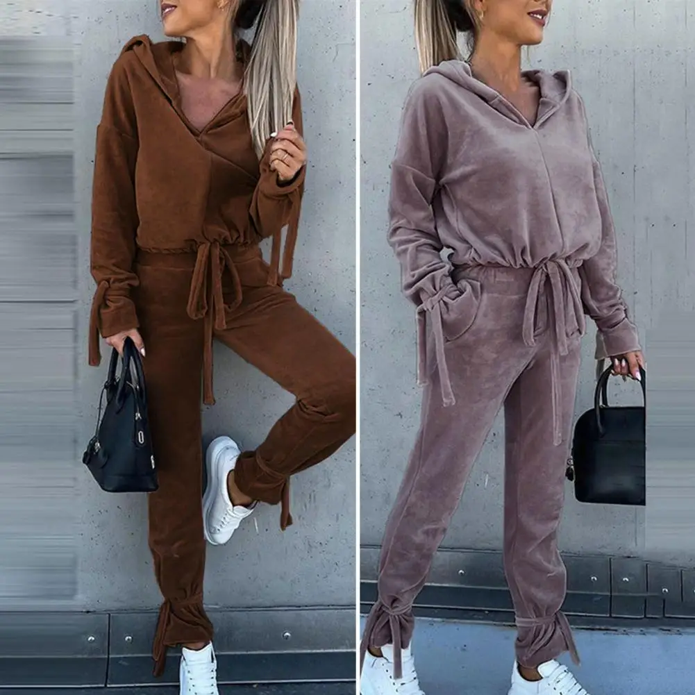 Streetwear Women\'s Set Long Sleeve Hooded Sweatshirt and Pants Suit Velvet Active Tracksuit Two Piece Set Fitness Outfits