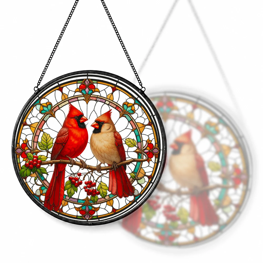 Stained Glass Suncatcher Round Tropical Sunset Beach Palm Tree Hibiscus Flower Window Hanging Decor Home Garden Gift