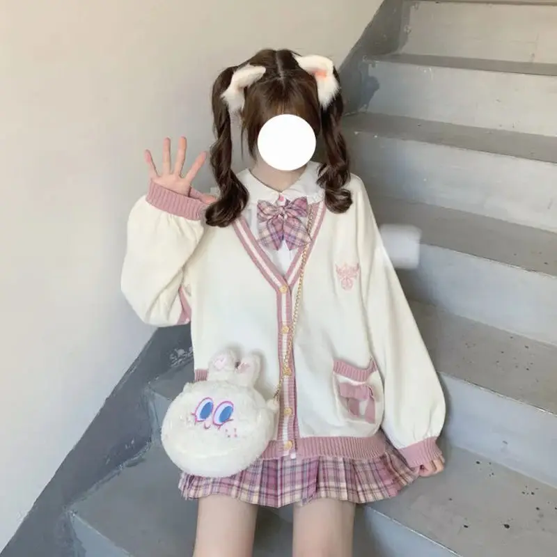 NewJapanese Embroidery Rabbit Cardigan Women Loose Bowknot Pocket Oversized Patchwork Knitted Sweater Jacket Mujer 2022 Autumn