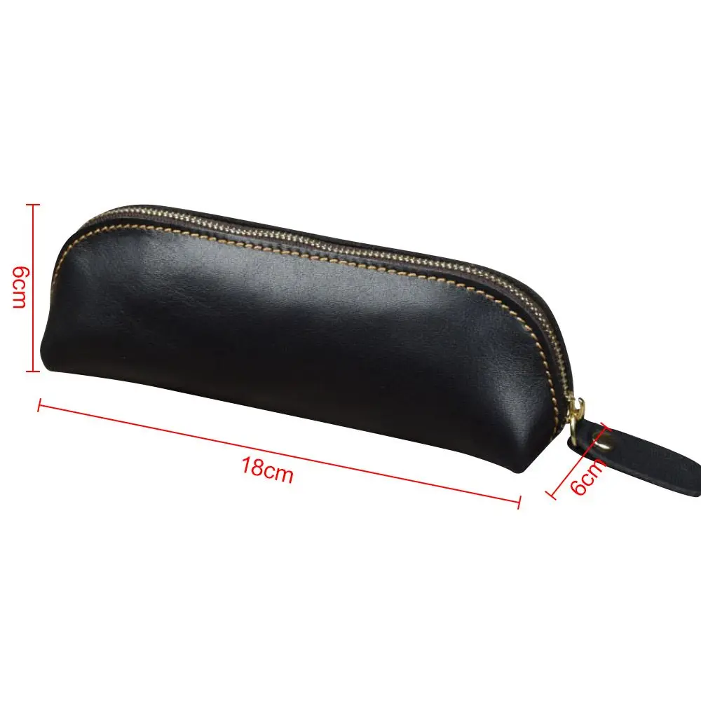 Multifunction Office Stationery Zipper Cowhide Pencil Bag Retro Style Pen Case Pen Storage Glasses Bag