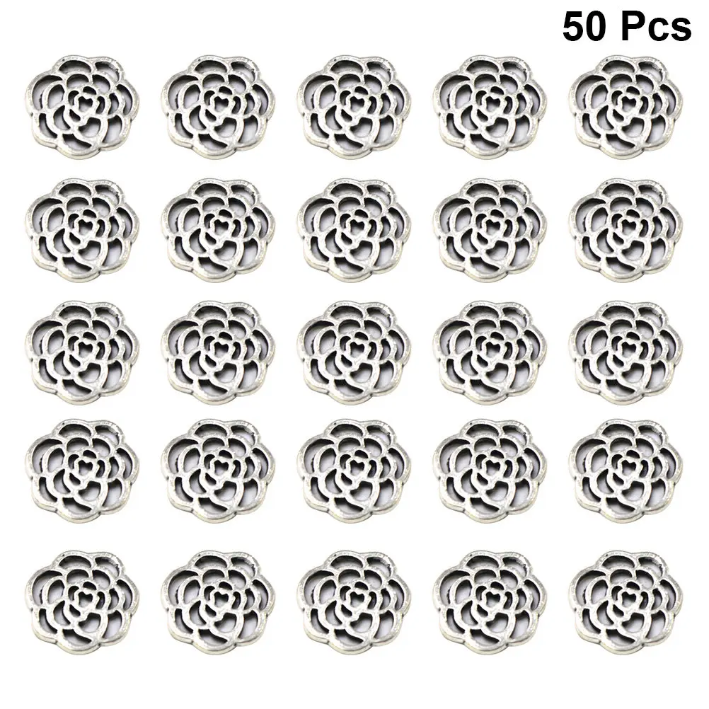 

50Pcs Silver Rose Flower Pendants Alloy Charms for DIY Jewelry Making Necklace Bracelet Earrings Keyring Cellphone Decor