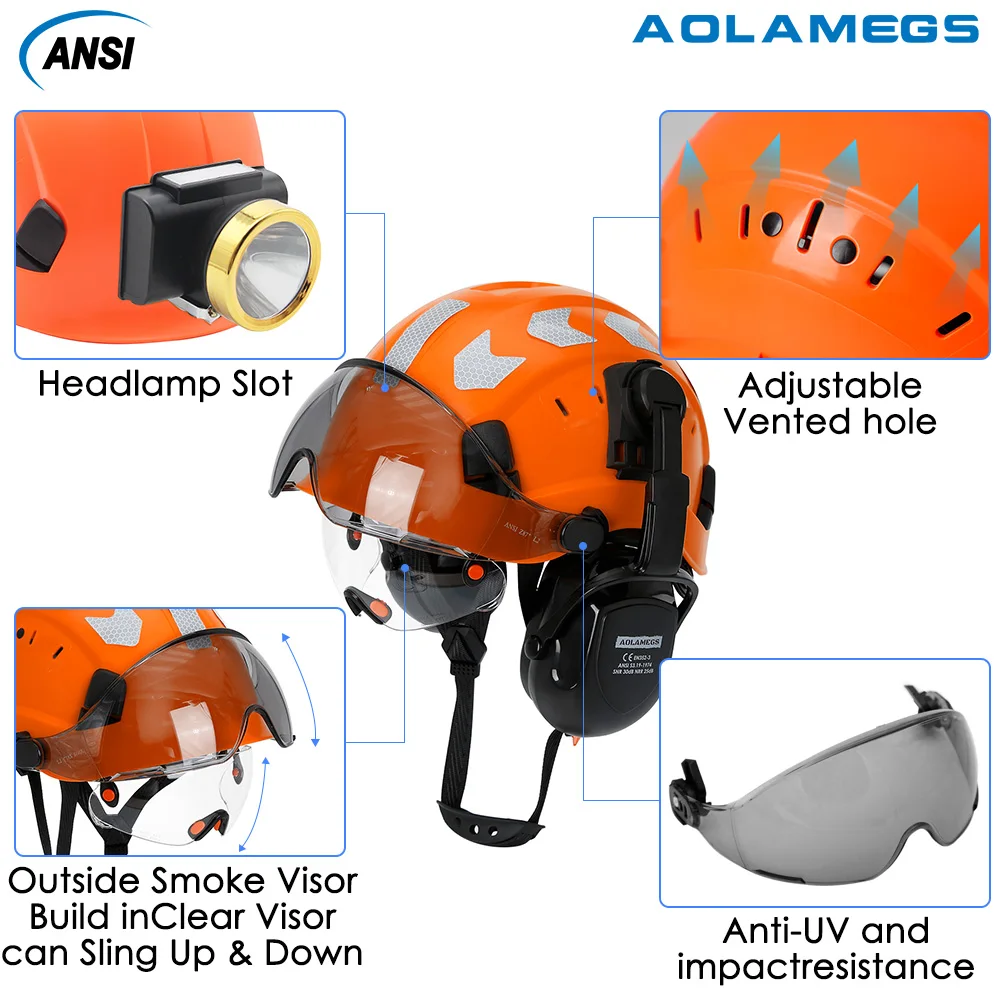 Safety Helmet With Visors Built In Goggles Earmuff Noise Reduction Stickers For Engineer ABS Hard Hat ANSI Industrial Work Cap