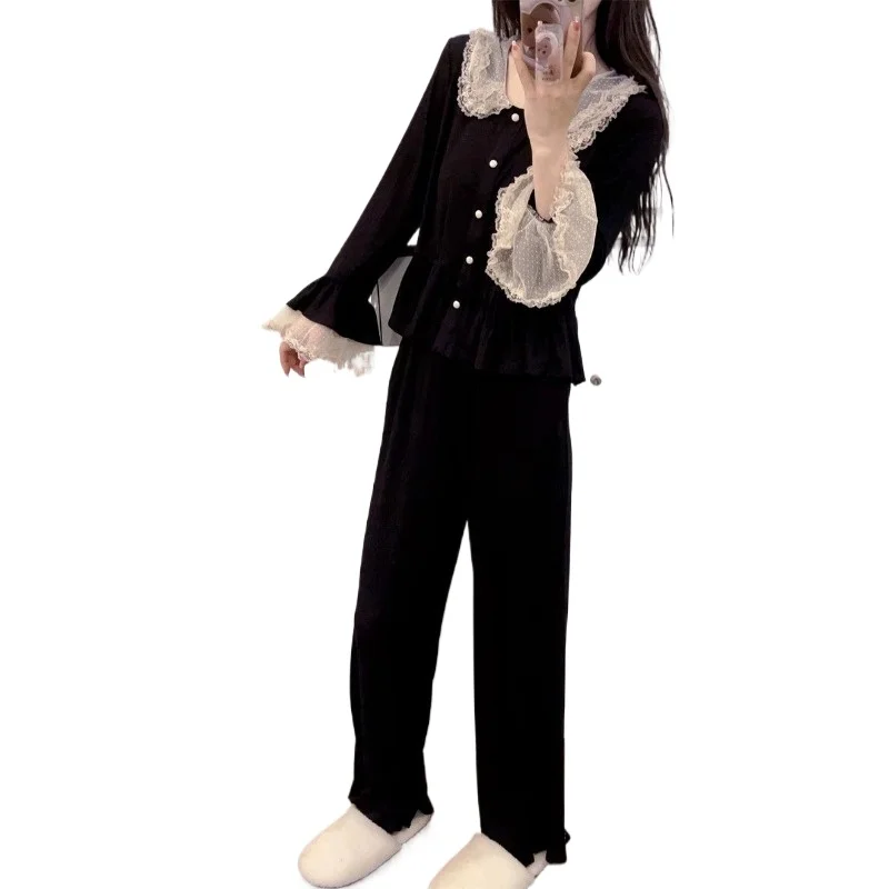 Modal Cotton Pajamas Women's Korean Version of Sweet Princess Style Doll Collar Lace Thin Loungewear Outer Suit Spring Autumn