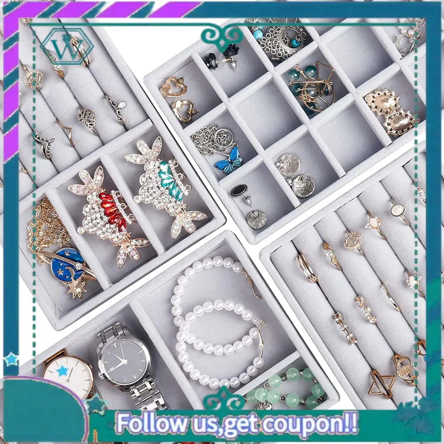 

A09P Jewelry Organizer Tray, 5 Pcs Stackable Velvet Jewelry Organizer For Drawer, Jewelry Storage Display Trays Showcase