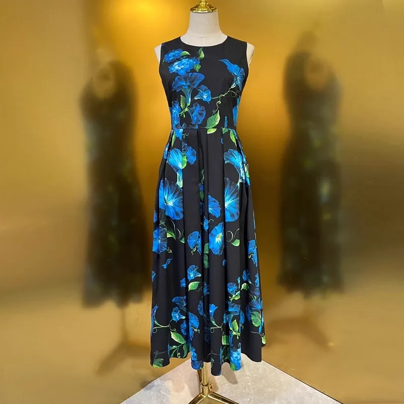 Summer Cotton Dress O-neck Sleeveless Night Blue Morning Glory Flower Elegant Party Dresses For Women 2024 Luxury Brand