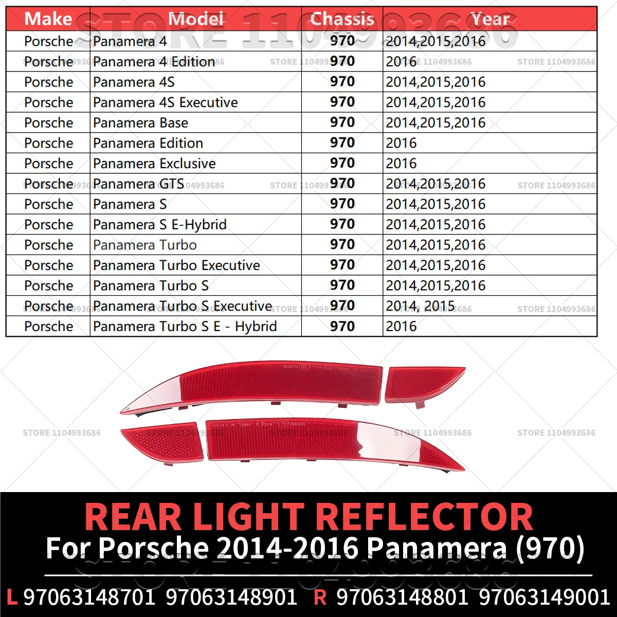 For 2014 2015 2016 Porsche Panamera (970) Rear Bumper Light Reflector 4PCS OEM 97063148701 97063148901 97063148801 97063149001