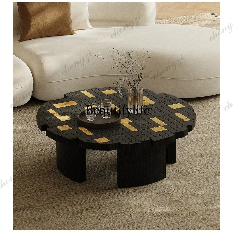 02A Solid wood parquet coffee table living room household Italian minimalist creative round coffee table high sense