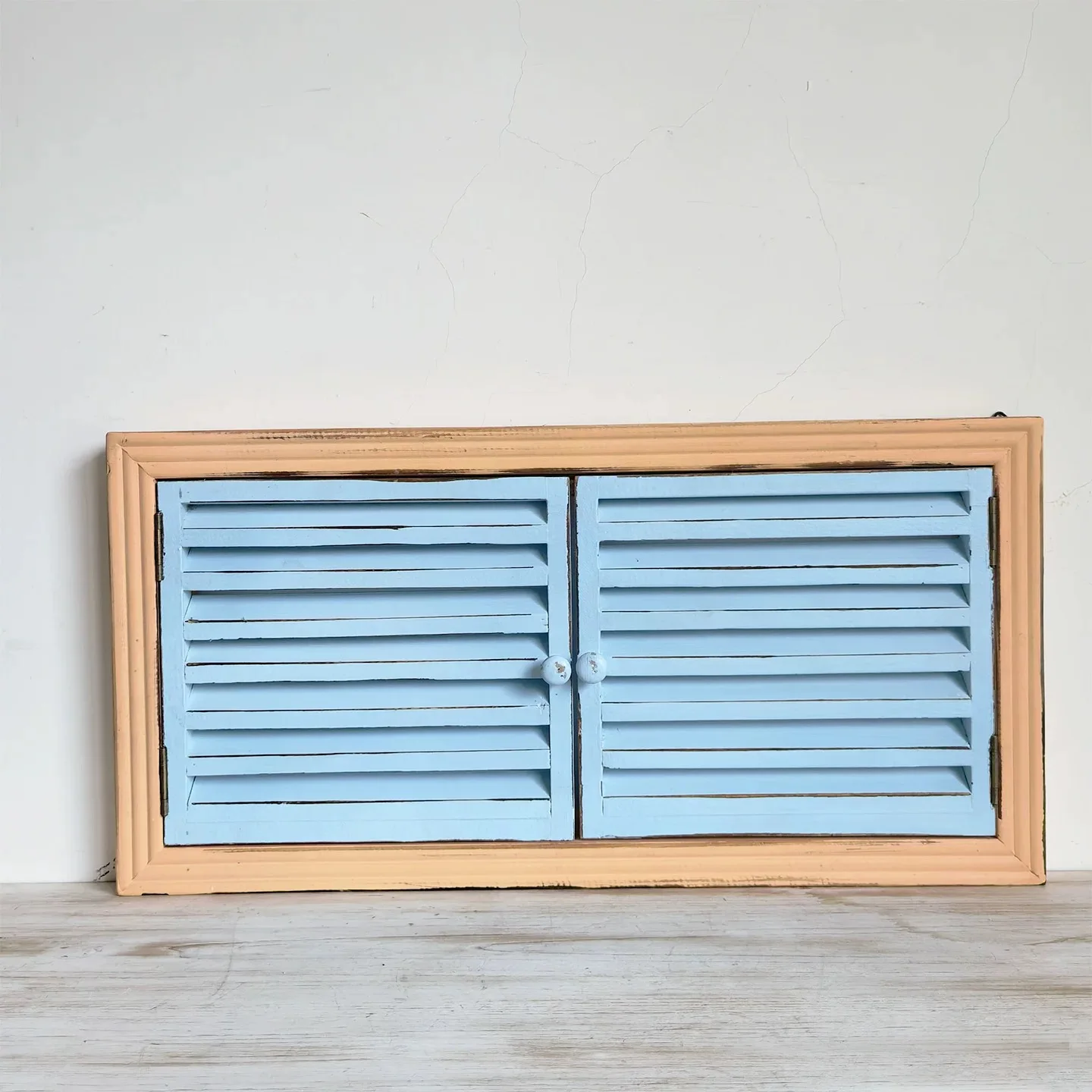 Rustic Wooden Wall Decor Window with Blue Shutter Doors, Vintage Distressed Style, 60x30cm