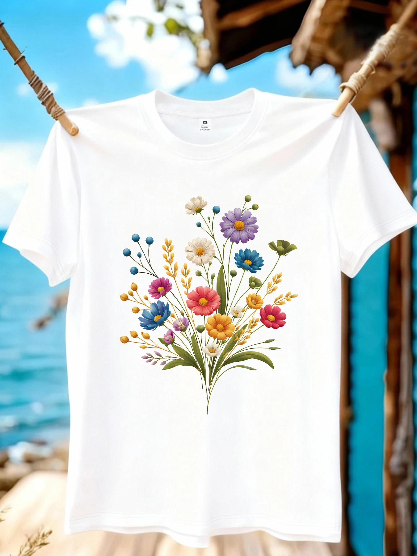 

【WZM10911】Женская футболка больших размеров с цветочным принтом, круглым вырезом, летняя, повседневная, с короткими рукавами, в уличном стиле, универсальная.