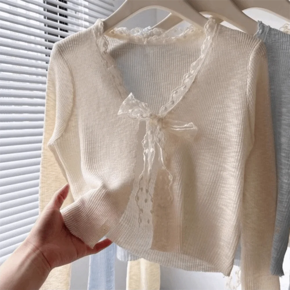 

Fashion V-Neck Knitted Cardigan Thin Long Sleeve Sun-Proof Tops Lace-up Casual Shawl Women