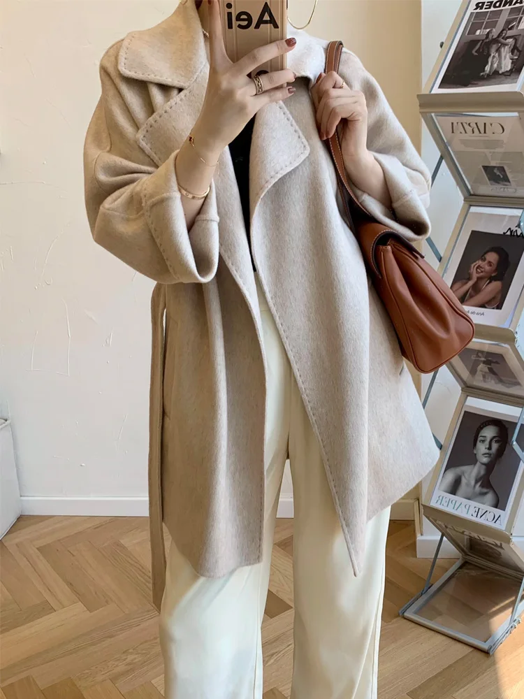 

New Solid Short Double-sided 100% Cashmere Water Ripple Coat Fashion Lapel Lace-up Woolen Coat Loose Female Fit Autumn Winter